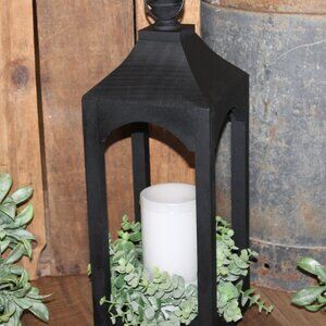 NEW 17" Black Open Wood Farmhouse Candle Lantern with Wreath Ring & LED Candle